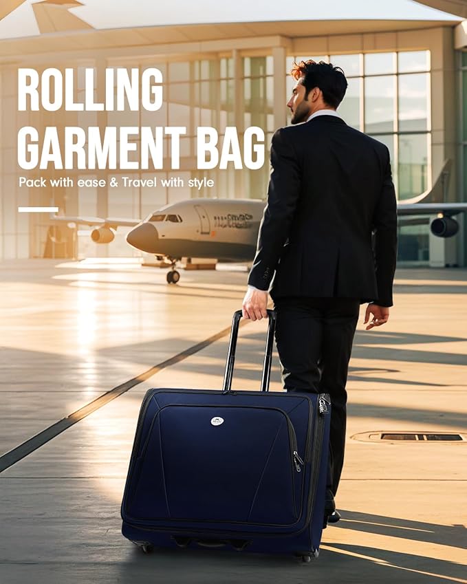 MATEIN Rolling Garment Bags for Travel, Large 2-Wheeled Suit Carrier Fits 17.3Inch Laptop, Foldable Travel Suit Bag With Wheels & 2 Packing Cubes, Check-in Suitcase Luggage for Business Trips, Blue