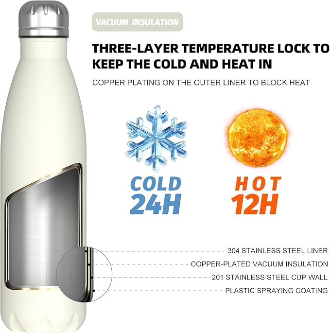 WATERSY Stainless Steel water bottles,17oz/500ml Insulated Water Bottles,Cream White metal water bottle Keeps Drink Cold and Hot,BPA Free kids water bottles for School,Gym,Travel,Sports