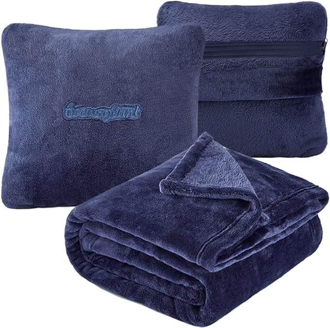 Travel Blanket Pillow, Premium 2 in 1 Flannel Airplane Blanket Compact for Travel,Office, Home,Travel Essentials Accessories for Plane and Car,Compact Office Blanket (Blue)