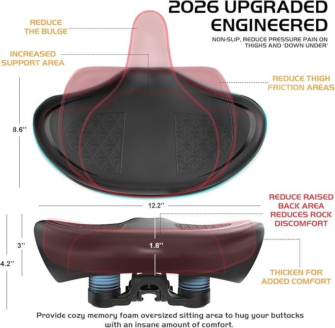 Noseless Bike Seat Cushion for Men & Women - Extra Padding & Comfort Wide Bicycle Seat, Oversized Comfortable Saddle for Peloton Bikes, Exercise Bikes, Electric Bikes, Cruiser Bikes