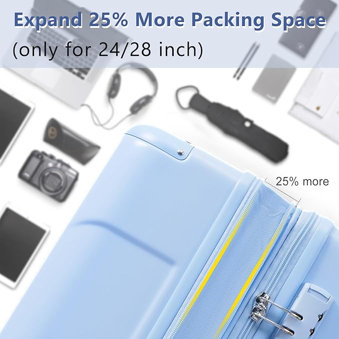 28 Inch Checked-Large Luggage, Lightweight ABS Hard Shell Suitcase with Spinner Wheels, Expandable Travel Luggage with Combination Lock & Side Hooks for Men Women (Sky Blue, 28)
