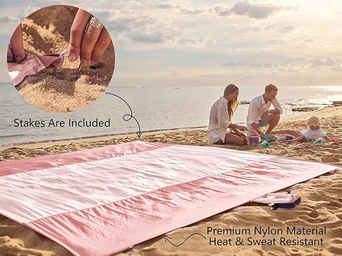 WEKAPO Beach Blanket Sandproof Waterproof, Extra Large Beach Mat, Oversized & Compact Sand Free, Quick Drying Beach Essentials for Vacation, Cruise, Picnic & Camping with Stakes