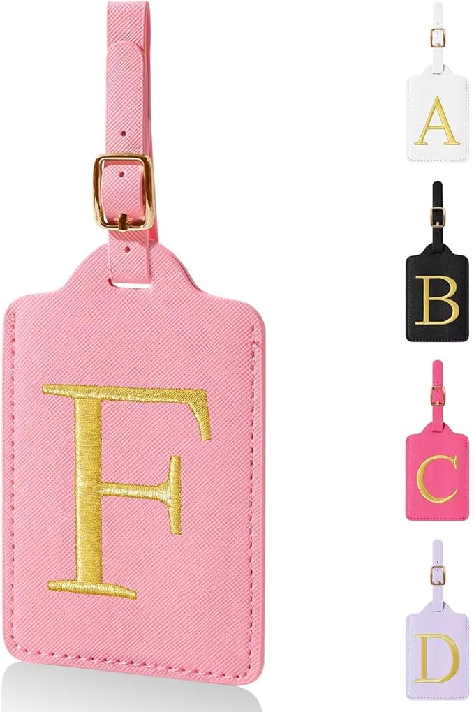 Personalized Initial Luggage Tags for Suitcases,Leather Letter Cute Luggage Tags with Privacy Name Card,Embroidered Monogrammed Travel Bag Backpack Tag Gifts for Women Kids Girls Teens(Pink-F)