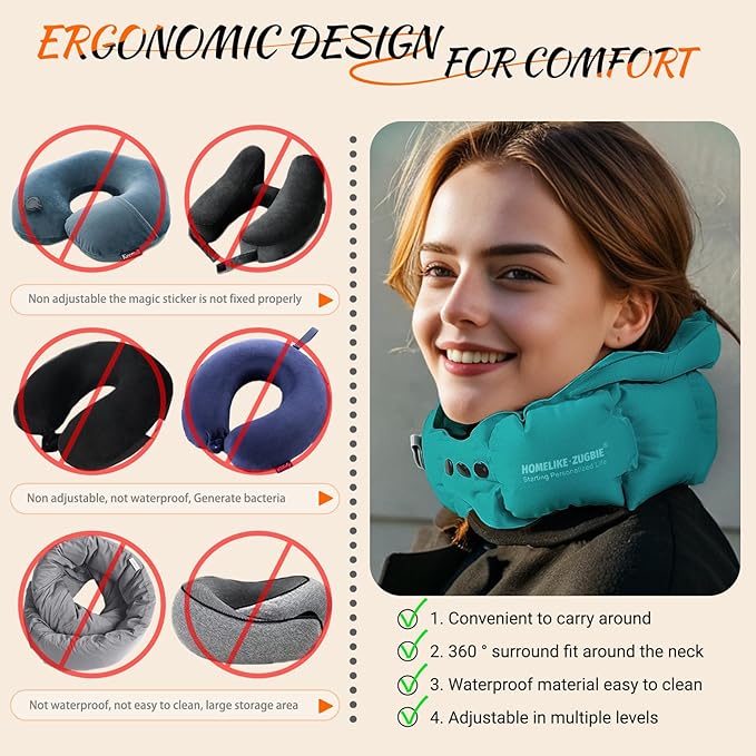 Inflatable Travel Pillow for Airplane, Inflatable Neck Pillow Airplane for Travel Office Nap Neck Support, Buy 1 Get 3 Professional Green Sleeping Eye Mask and Highly Silent