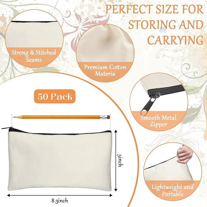 Legigo Blank Canvas Bag Zipper Pouch Makeup Bags Bulk - Multi-Purpose Canvas Pencil Pouch with Sturdy Zipper, Cosmetic Bag Travel Toiletry Bag for DIY Craft Projects, Storage (8.3 x 5 inches)