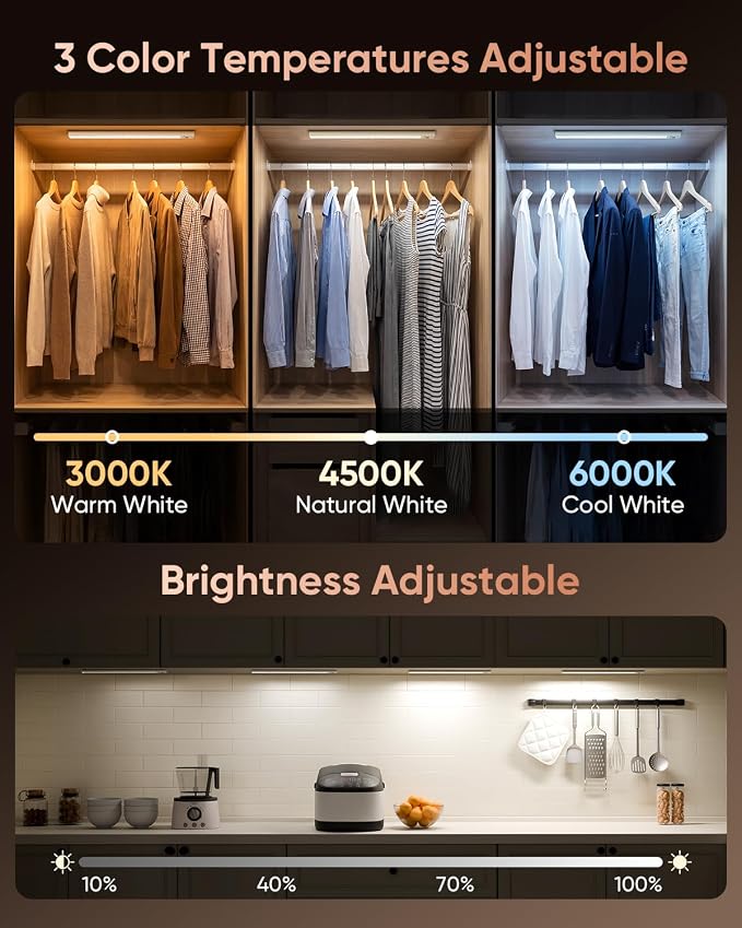 12inch Under Cabinet Lighting Wireless 5 Pack 3000mAh Motion Sensor Light | 450LM Bright Under Counter Closet Lights for Kitchen, Stairs Rechargeable Battery Operated Stick On Dimmable, Magnetic