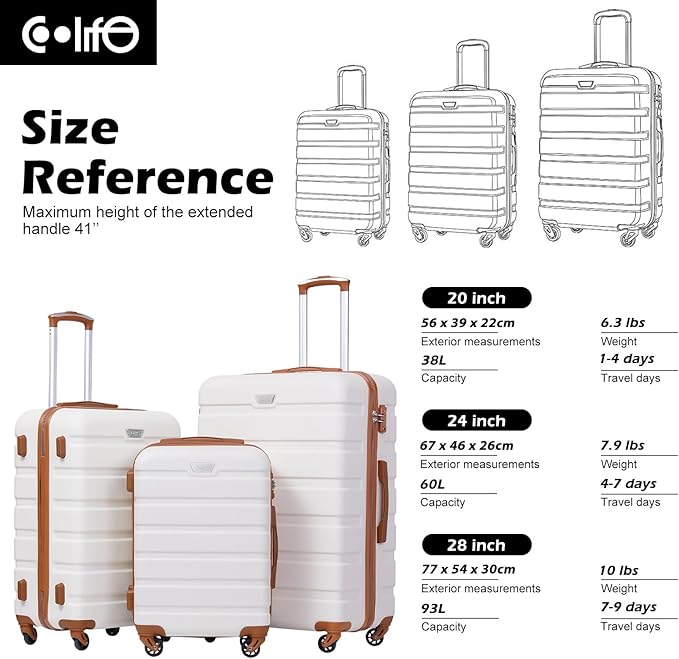 Coolife Luggage 3 Piece Set, Lightweight Durable Hardshell Suitcase set with 360° Spinner Wheels, TSA-approved Lock, Checked Family Travel Luggage sets, 20/24/28 Inch, Apricot White