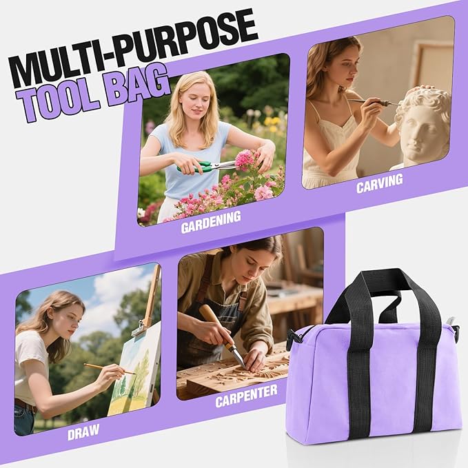 Small Tool Bag, Canvas Tool Storage Bag, Large Capacity Multipurpose Zipper Soft Tote Organizer Pouch for Electrician, Plumbing, Gardening,Tools Bags for Men (Purple, 13 Inch)