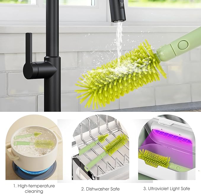 Travel Baby Bottle Cleaner Kit，7-in-1 Baby Bottle Brush Set for Travel and Home, All-in-One Baby Bottle Washing Kit: Integrated Cleaning & Drying System for Bottles and Breast Pump Parts (Green)