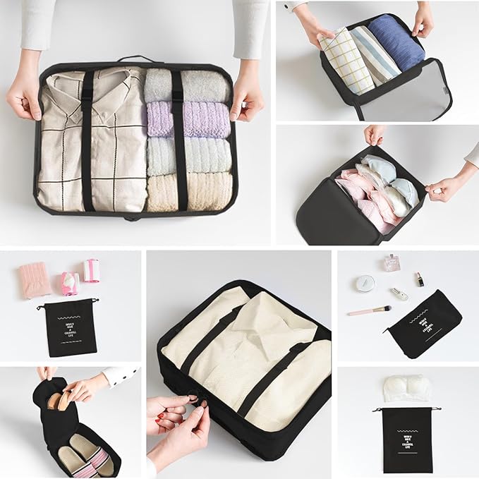 8 Set Packing Cubes for Suitcases Travel Luggage Packing Organizers,Travel Essentials Accessories Luggage Organizer with Shoe Bag Tioletry/Laundry Bag(Black)