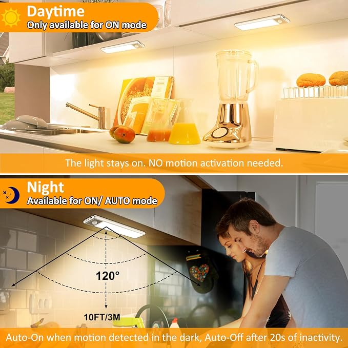 Motion Sensor Under Cabinet Lights, 3-Pack, Warm White, 8 inch | Magnetic, Rechargeable Under Counter Closet Light, Wireless Night Light Bar, 10% to 100% Dimming, USB Cable Included