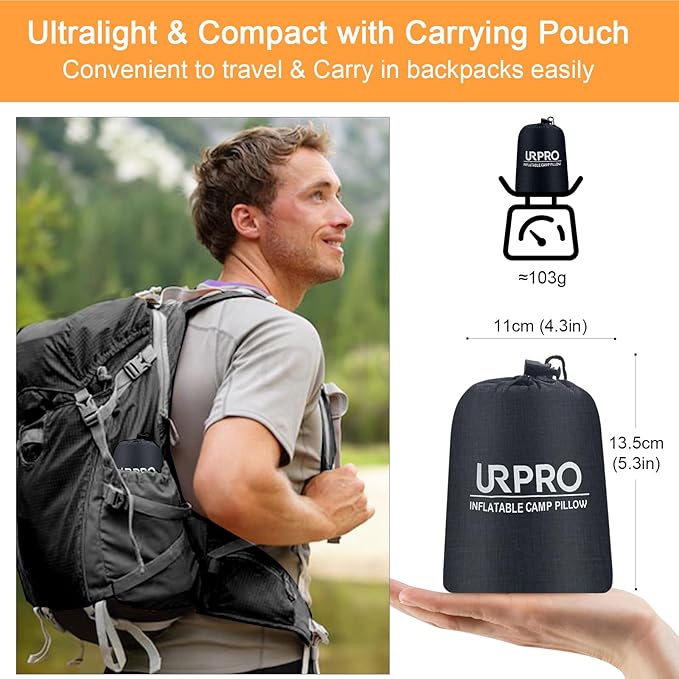 Ultralight Inflatable Camping Travel Pillow - Compressible, Compact, Comfortable, Ergonomic Inflating Pillows for Neck & Lumbar Support Camp, Hiking, Backpacking Black