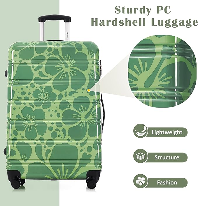 Merax Suitcase Set, Hardshell Luggage Sets 3 Piece with Spinner Wheels, Durable Printing Suitcase with TSA Lock Lightweight 20" 24" 28",Green