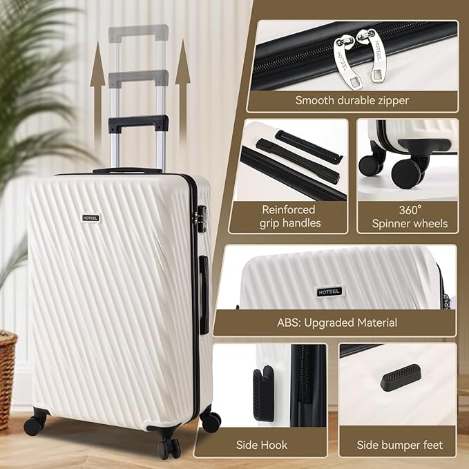 Hoteel Luggage Sets 3 Piece Hardside, 4-Year Warranty, Luggage Set with Spinner Wheels, TSA Lock, Wet/Dry Separation Compartment, Lightweight Carry on Luggage, 20"/24"/28" Suitcase, Beige