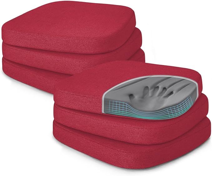 Shinnwa Dining Chair Pads Set of 6, Patented Design Memory Foam Kitchen Chair Cuhions with Ties and Washable Cover, 6 Pack, 17" x 16" x 2", Burgundy