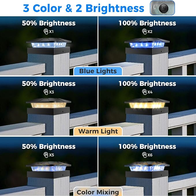 4 Packs 4x4 Solar Post Lights Outdoor Blue & Warm White | LED Fence Caps Light Fit 4x4/3.5×3.5 Wood & Vinyl Posts, Waterproof Post Top Lighting for Deck Mailbox Railing Porch Outside