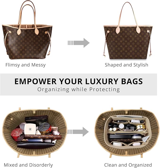 OPPOSHE Purse Organizer Insert for Handbags, Softened Felt Bag Insert Organizer for Tote, Compatible with LV, Coach, MK, Kate Spade, Goyard, Longchamp (Beige, Large)