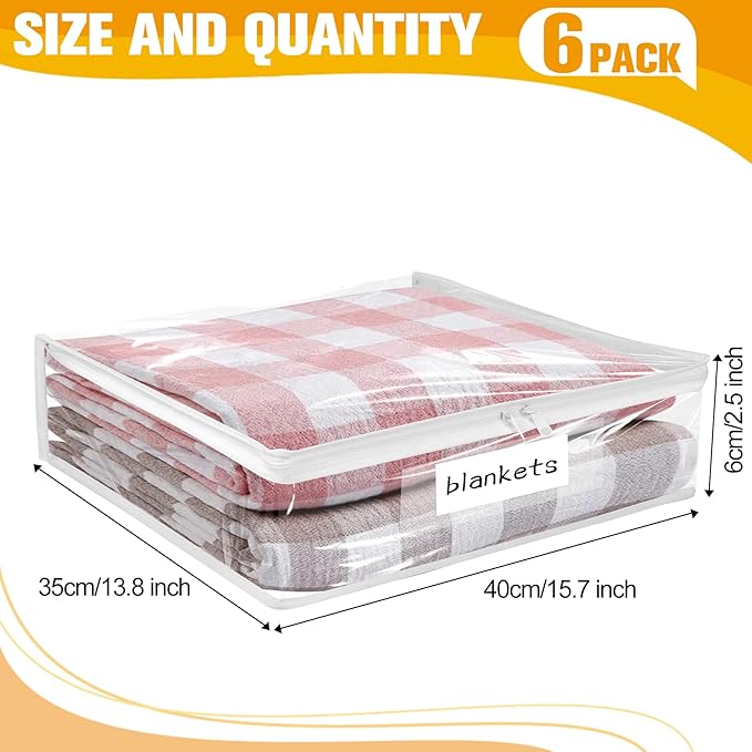 Plastic Storage Bags with Easy-Glide Zipper, Pack of 6, Durable Clear Vinyl Zippered Storage Bags for Clothes Sweaters Comforters Blankets Sheets Bedding (15.7 x 13.8 x 2.5 Inch)