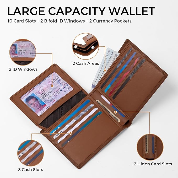 RUNBOX Leather Wallet for Men, Genuine Leather Mens Wallet Bifold Rfid Blocking with 12 Cards and 2 ID Windows, Minimalist Wallet for Men with Gift Box