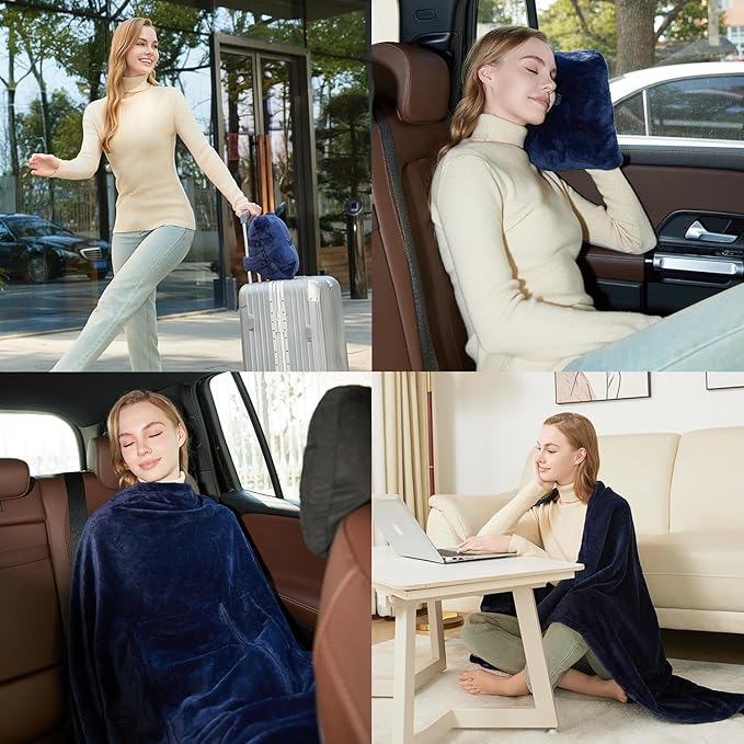 Travel Blanket Pillow, Premium 2 in 1 Flannel Airplane Blanket Compact for Travel,Office, Home,Travel Essentials Accessories for Plane and Car,Compact Office Blanket (Blue)