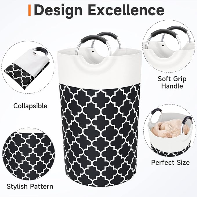 Large Laundry Hampe Basket Washing Bin Clothes Bag Collapsible Tall with Handles Waterproof Travel Bathroom College Essentials Storage for College Dorm, Family (Black) 82L