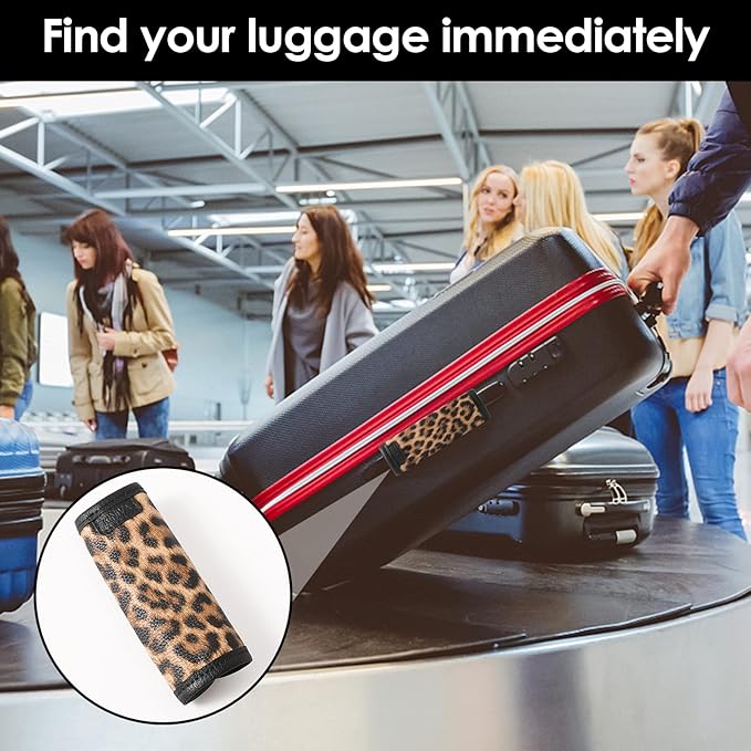 KINIVA Leather Luggage Handle Wrap 4 Pack Set,Luggage Identifiers Tags Markers for Luggage Suitcase,Travel Accessories(leopard-4pcs)