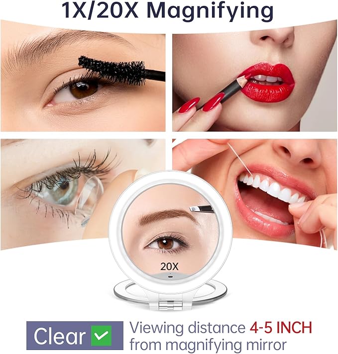 FASCINATE Magnifying Mirror 20X 1X Double Sided Magnification Makeup Vanity Mirror Rechargeable Lighted Mirror with 3 Color Setting Adjustable Rotation LED Vanity Desk Mirror