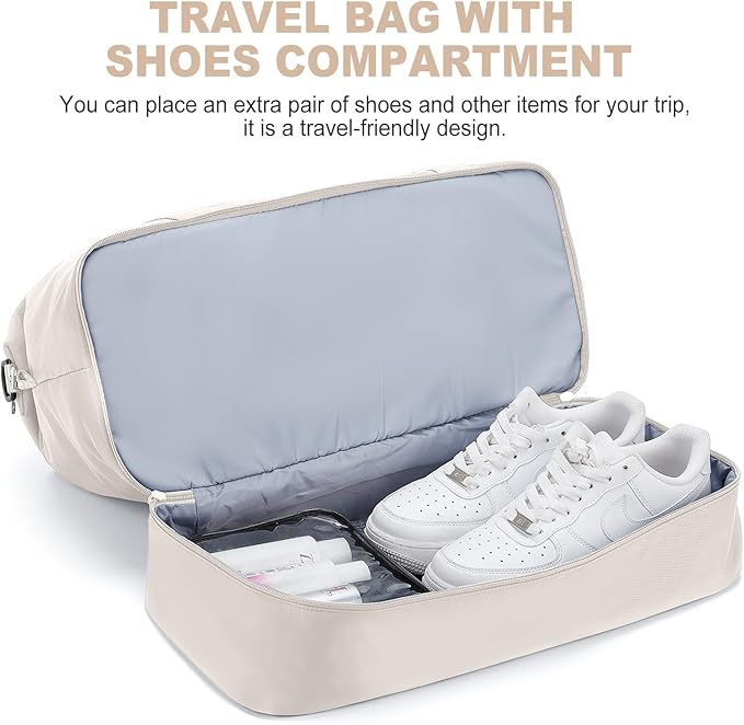 Weekender Bags for Women, Travel Duffel Bags with Shoe Compartment,Personal Item Travel Bag for Airlines, Carry on Overnight Tote Bag for Women，Beige&Brown