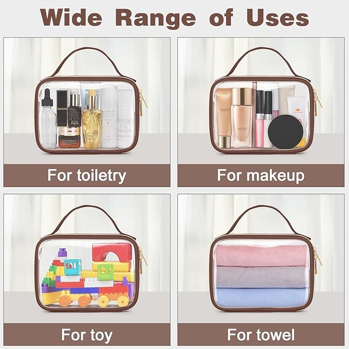 Wedama Clear Toiletry Bag, 2 Pack Clear Makeup Bags with Handles, Large Travel Bags PVC Cosmetic Bag for Women and Men, Carry on Airport Airline Compliant Bag, Brown
