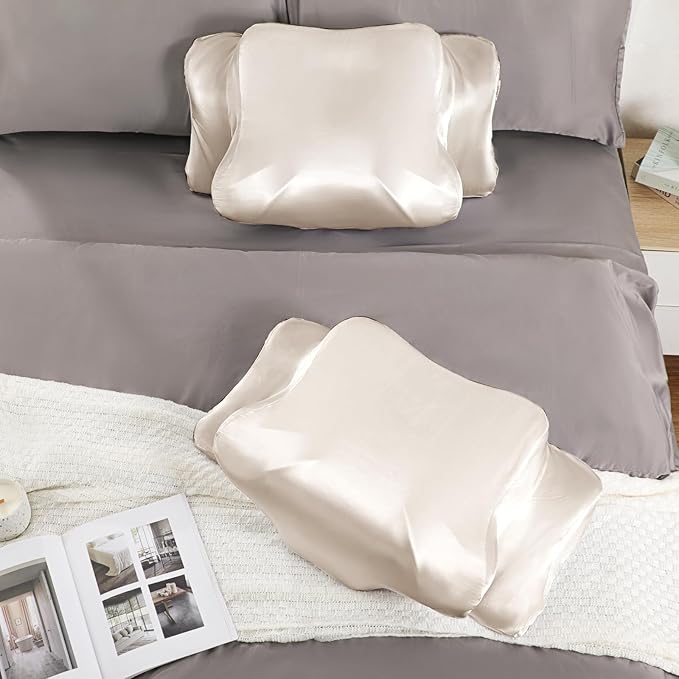 Satin Pillowcase for Cervical Pillows, (Cover Only) Fit for 24.8"x14.96"x5.51"/3.54" Orthopedic Neck Support Pillow, Silky Smooth Pillowcase Cover with Zipper Closure (Champagne)