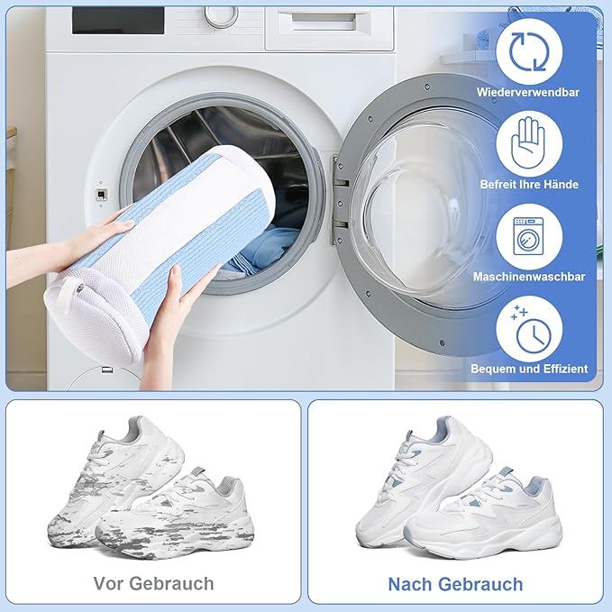 Shoe Washing Machine Bags, 2 PCS Reusable Blue+White Chenille Laundry Bags for Washing Machine, 360 Wrap-Around Clean Shoe Laundry Bags with Hidden Zipper