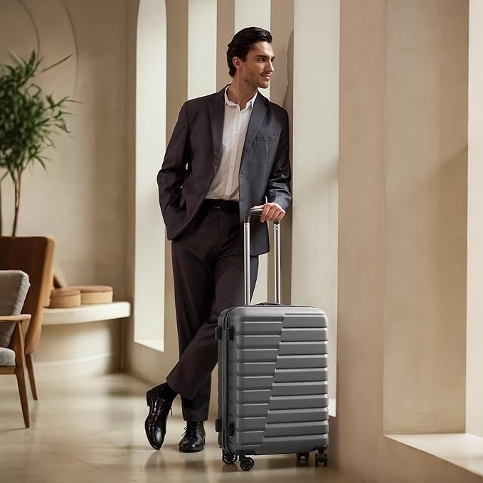 Coolife Medium Checked Luggage with Spinner Wheels, Hardside Suitcase TSA Lock Lightweight Travel Luggage 24-inch,Gray