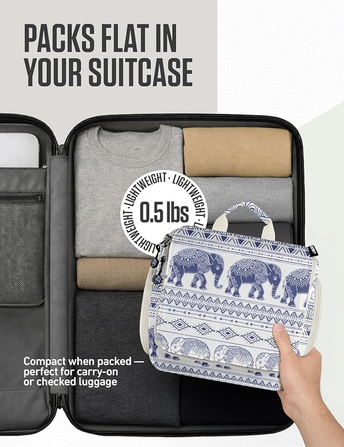 VENTURE 4TH Hanging Travel Toiletry Bag for Women & Men – Large Toiletry Organizer with 17 Compartments, Removable TSA Pouch, Travel Wash Bag for Toiletries, Makeup & Shaving Kit (Blue Elephant)