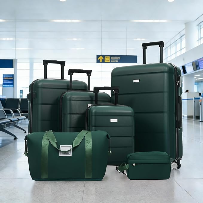 Dark Green 6 Piece Luggage Set Hard Shell - Traveling Suitcases with Spinner Wheels and Duffel Bags for Family Travel, Durable Carry On Luggage Sets with Lock for Women and Men