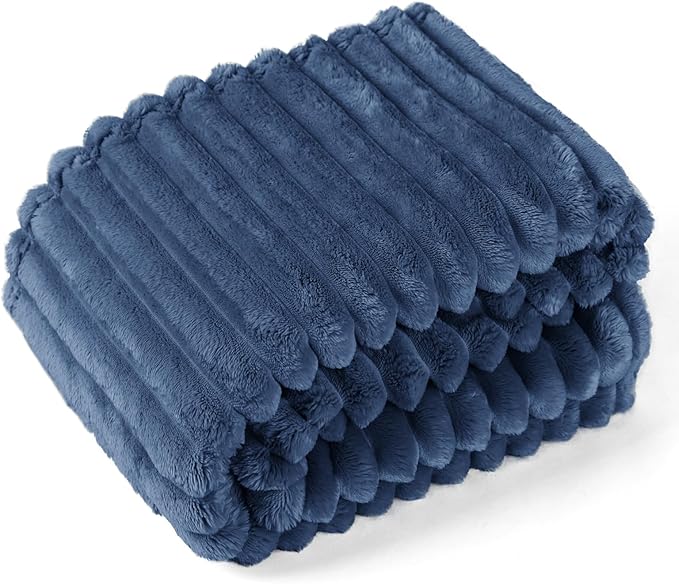 EXQ Home Fleece Blanket Twin Size for Couch or Bed - 3D Stripe Jacquard Decorative Blankets - Cozy Soft Lightweight Fuzzy Flannel Blanket Suitable for All Seasons(60"×80",Dark Blue)