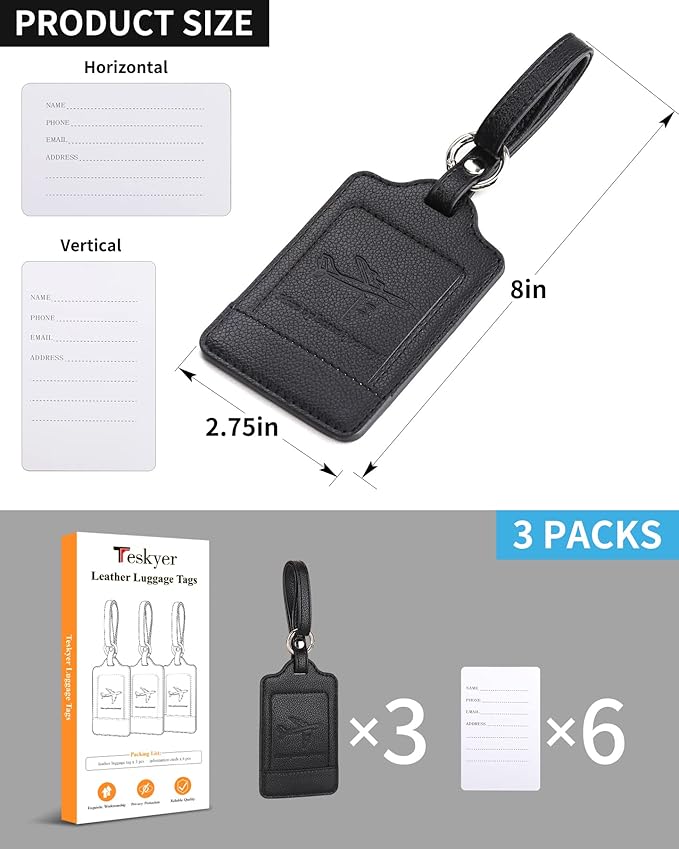3 Pack Luggage Tags - Quick Install, Privacy Protection, Airplane Travel Essentials for Suitcases, Durable Leather - Lichee Black