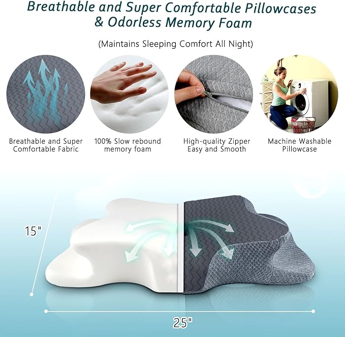 Cervical Pillow for Neck Pain Relief, Memory Foam Pillows, Ergonomic Contour Bed Pillow, Soft for Side Sleep Stomach Sleeping and Back Sleepers-Queen Size Grey&Grey