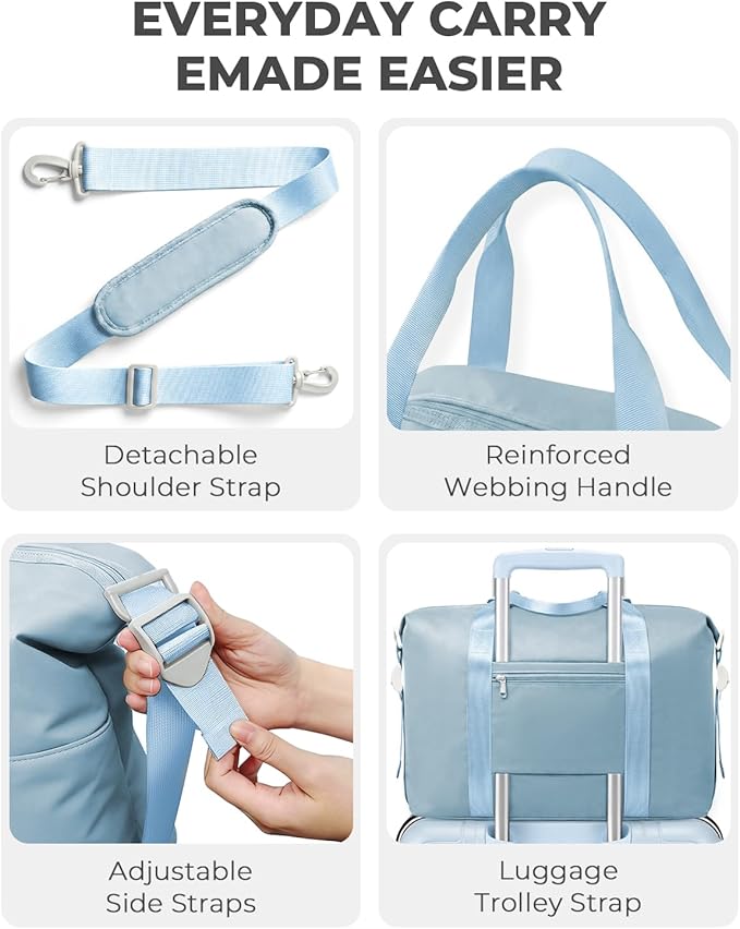 Percover Weekender Travel Duffel Bag for Women, Lightweight Soft-Structure 33L Carry-On, Water-Resistant Nylon with Shoulder Strap & Trolley Sleeve, Personal Item Friendly, Sky Blue