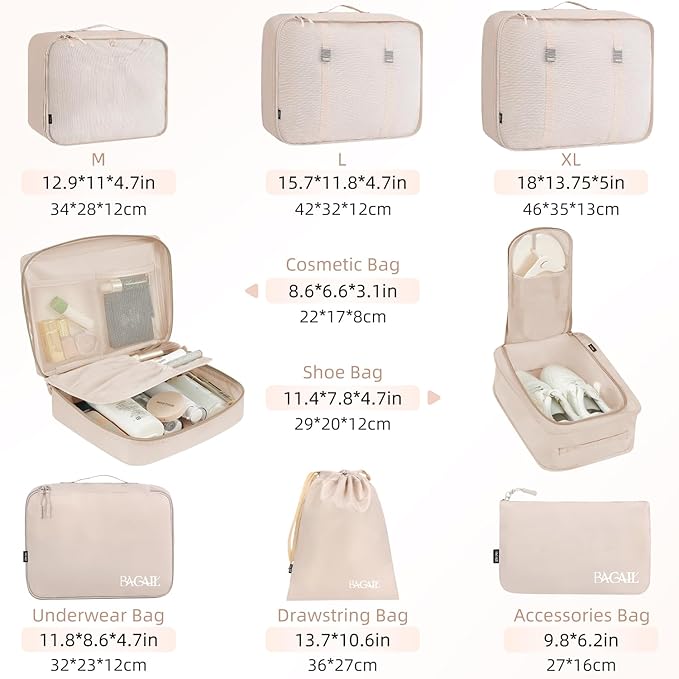 BAGAIL 8 Set Packing Cubes Luggage Packing Organizers for Travel Accessories-Cream