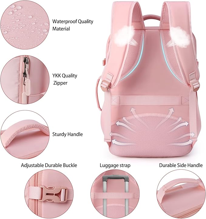 Lubardy Travel Backpack for Men Women 17 Inch Flight Approved Carry on Backpack Waterproof Large 40L Luggage Daypack Business College Weekender Overnight Laptop Backpack with 3 Packing Cubes, Pink