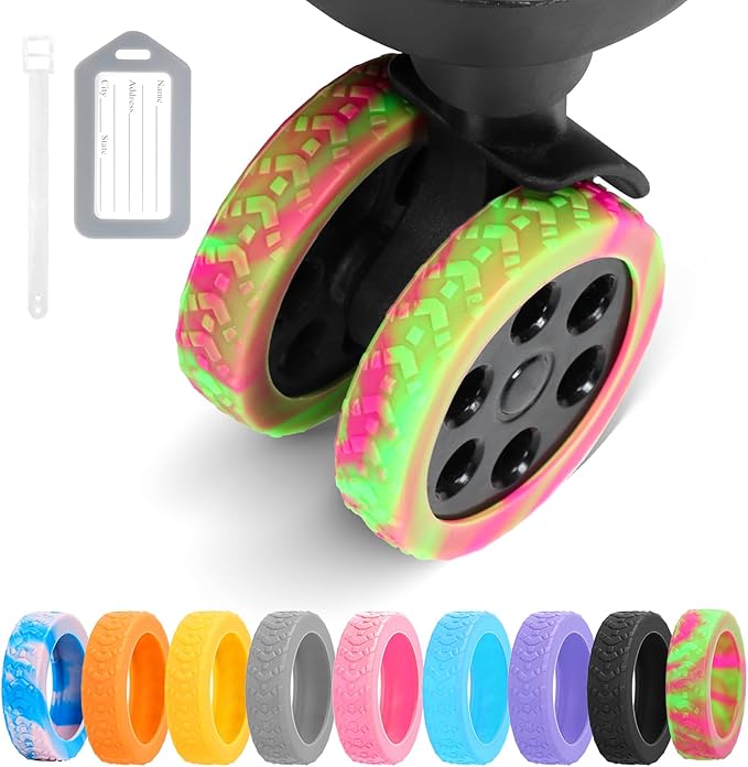 Luggage Wheel Covers, 8 PCS Silicone Wheel Protector Covers for 2-2.6 inches 8-Spinner Wheels, Wear-Resistant, Anti-Noise, Pink+Green