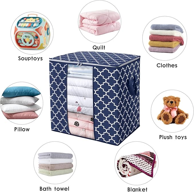 WISELIFE Storage Bags 3 Pack/100L Large Blanket Clothes Organization and Storage Containers for Comforters,Bedding, Foldable Organizer with Reinforced Handle, Clear Window, Sturdy Zippers,Blue
