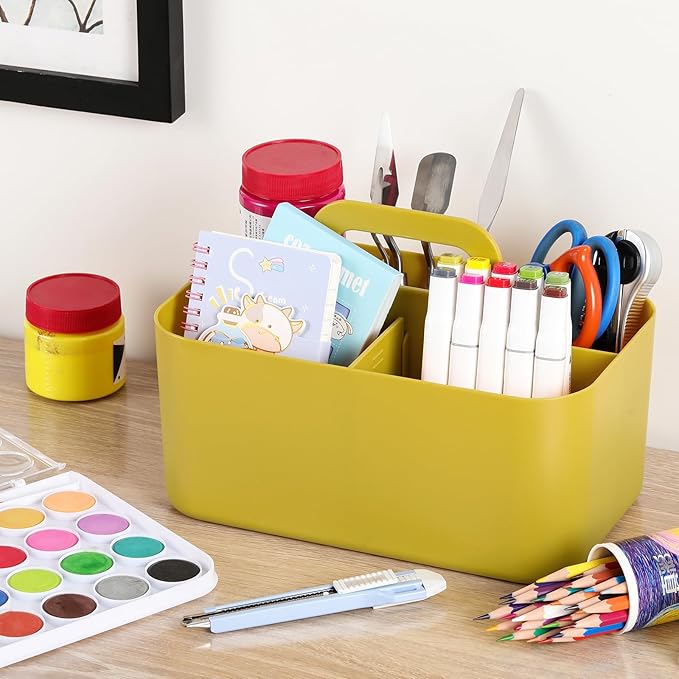 Multiuse Caddy Organizer with Handle, Portable Divided Plastic Tote Bin - Art Craft, Stationary Pen Marker Crayon, Makeup Hair Supplies Storage - Bathroom, Classroom, Dorm, Office, Desk Holder -Yellow