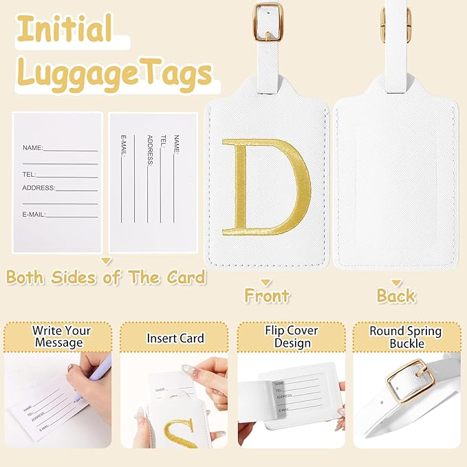 Initial Letter Luggage Tags for Suitcases, Embroidered Monogrammed Suitcase Luggage Identifier Name Tag, PU Leather TSA Approved Luggage Tags, Bag Tags for Men Women Kids Luggage Handbags(White D)