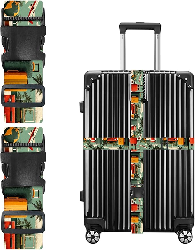 Nuxovilar Luggage Straps of 2 Set Travel Elements Pattern, 1.96x90.5 inches - Luggage Straps for Suitcases, Perfect for Vacation, Beach Trips, Travel Enthusiasts