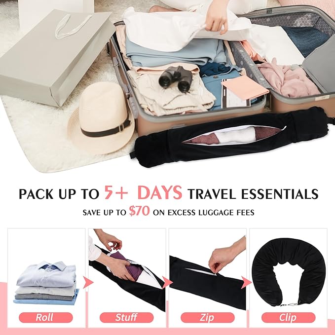 Stuffable Travel Pillow, Stuffable Neck Pillow for Travel, Neck Pillow Stuffed with Clothes Storage - No Extra Baggage Fees, Fits 5+ Days of Travel Essentials, No Filler (Black)