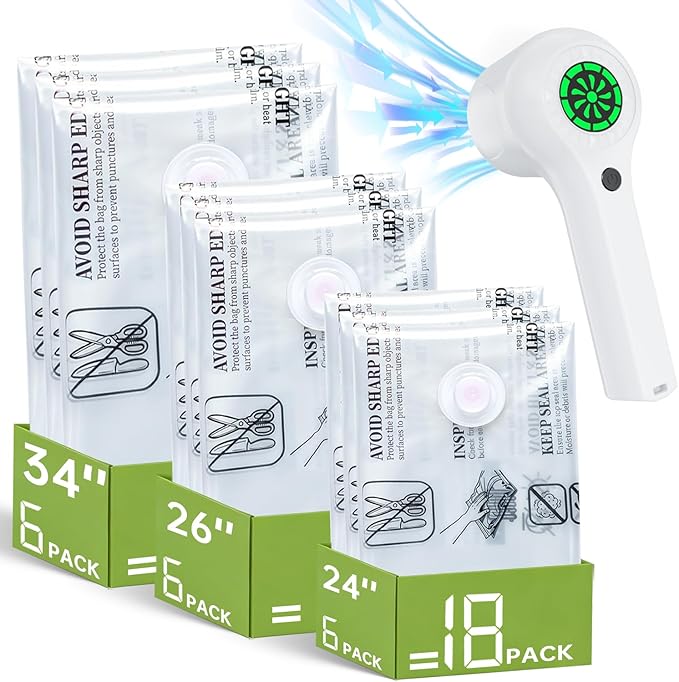 Vacuum Storage Bag with Rechargeable Cordless Pump, 18 Pack Vacuum Seal Space Saver Bags for Clothing Clothes Travel Home