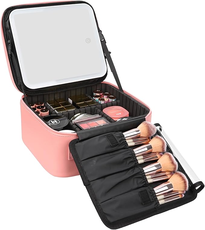 Relavel Travel Makeup Bag With LED Mirror Portable Travel Makeup Organizer 3 Color Adjustable Brightness Waterproof Cosmetic Train Case with Removable Dividers Makeup Storage for Women, Pink