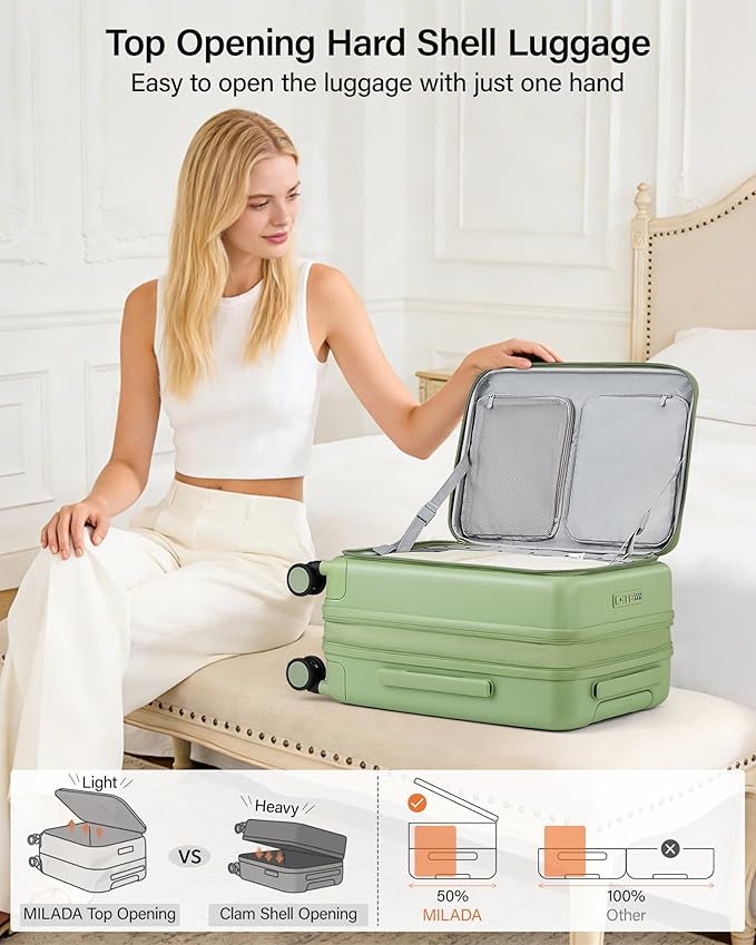 MILADA 20-Inch Expandable Carry On Luggage, Hard Shell Top-Opening Luggage with Wheels, TSA-Approved Small Travel Bag for Men and Women Carry-On Suitcase, Bamboo Green