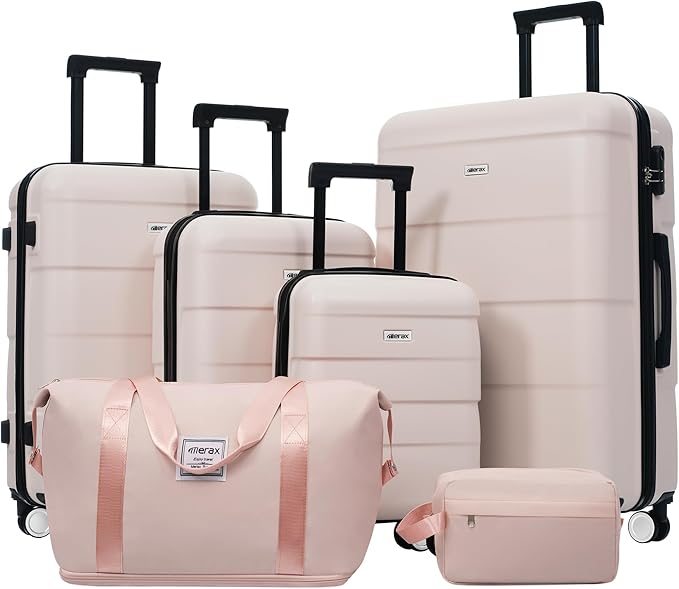 Merax Luggage Sets,6 Piece Carry on Suitcase with Travel Bags,Hardcase Suitcase Set with Double Spinner Wheels,16/20/24/28 IN Luggage Airline Approved,Light Pink